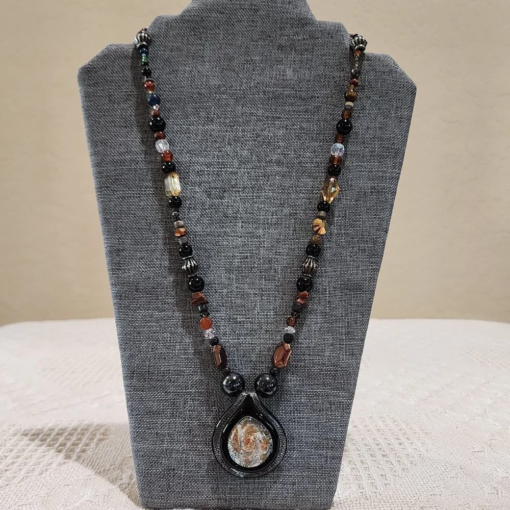 Artisan BOHO Earth Tone Large Blown Glass Swirl Pendant Beaded Long Necklace